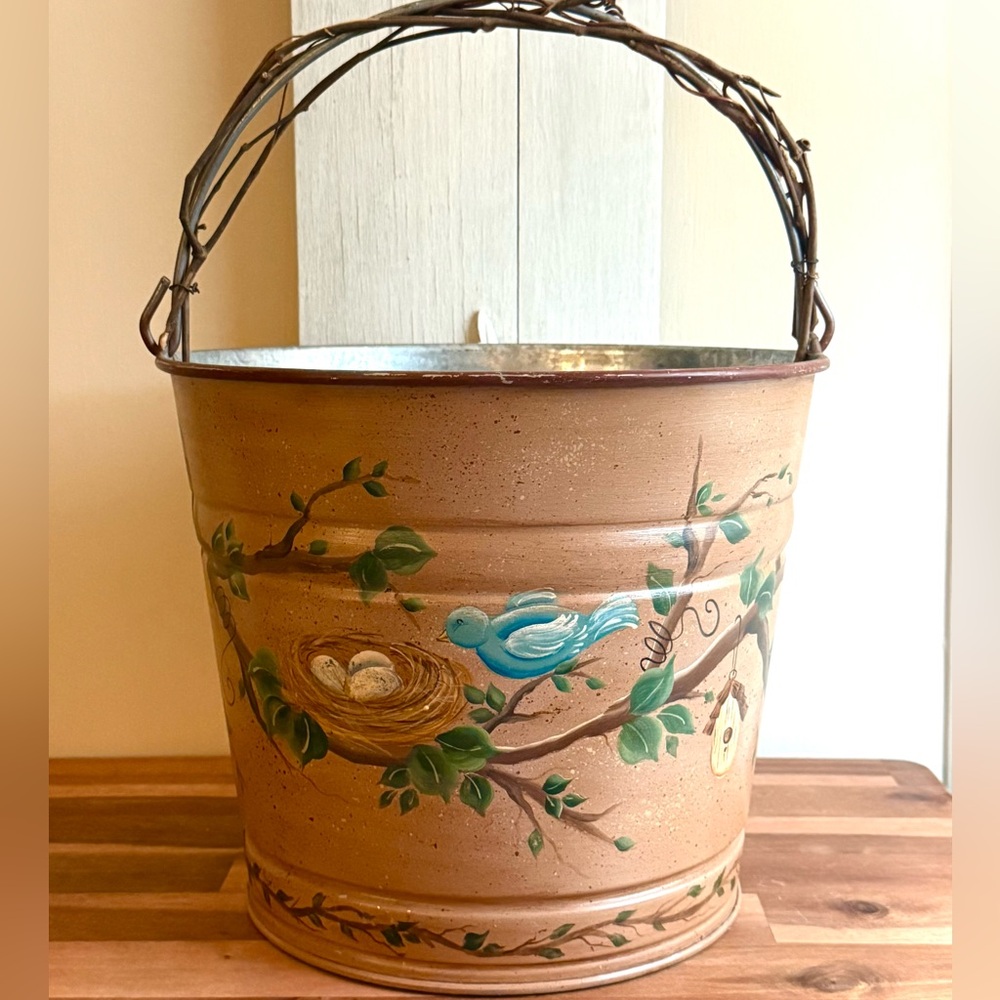 Charming Cottagecore Hand Painted Birds, Vines, Nests Galvanized Metal Bucket